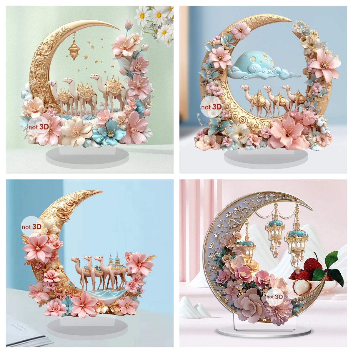 跨境新款桃花朵朵月亮骆驼2D平面亚克力庭院卧室桌面节日装饰摆件