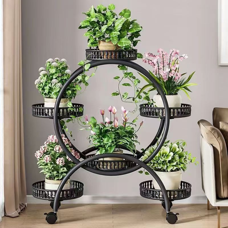 Flower Stand for Living Room, Floor-Standing, Movable with Wheels, Iron Art Multi-Layer Flower Pot Stand for Green Plants, Balcony Flower Stand, Household Floor Stand