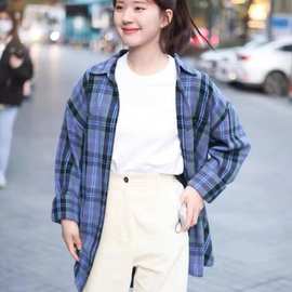 BM风赵露思同款美式复古格子衬衫女bm风外套宽松防晒纽扣上衣女潮