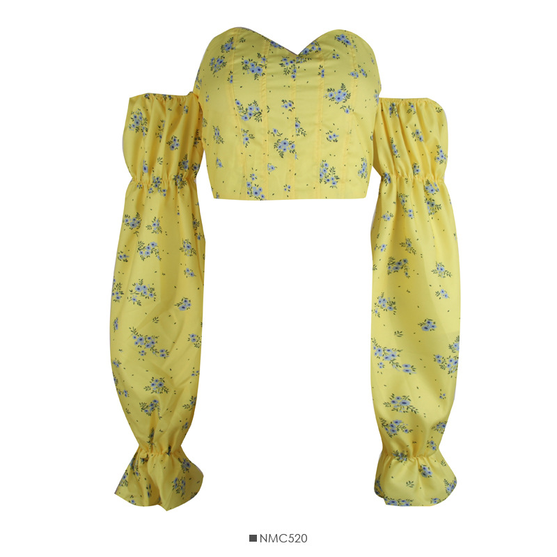 Floral Print Off-Shoulder Top Women's French Style Sweet Flared Unique Fit Collarbone Length Fitted Sleeves_ecoleips.com
