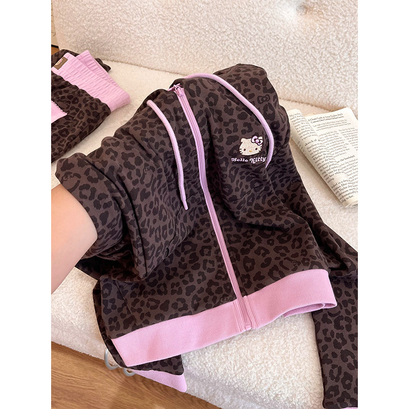 甜酷豹纹Kitty猫连帽卫衣睡衣女秋季新款长裤可外穿家居服套装潮|undefined