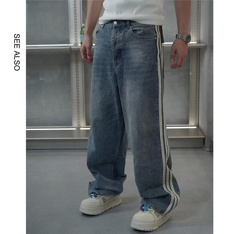 Trendy Brand American Style High Street Vintage Washed Striped Straight Jeans Men's Loose All-match Button Placket Casual Pants