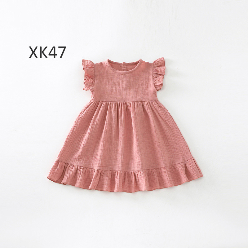 Cross-Border Supply of Comfortable, Soft and Breathable Children's Clothing, New Cute Lace Sleeve Skirts, European and American Children's Pure Color Linen Dresses