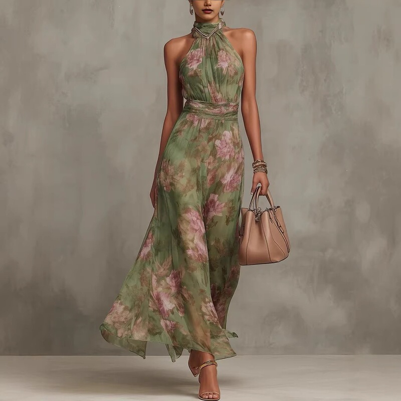 2026 European and American Women's Fashion Pleated Bodycon Mesh Printed Asymmetrical Slit Sexy Spaghetti Strap Long Dress 2026 European and American Women's Fashion Pleated Bodycon Mesh Printed Asymmetrical Slit Sexy Spaghetti Strap Long Dress