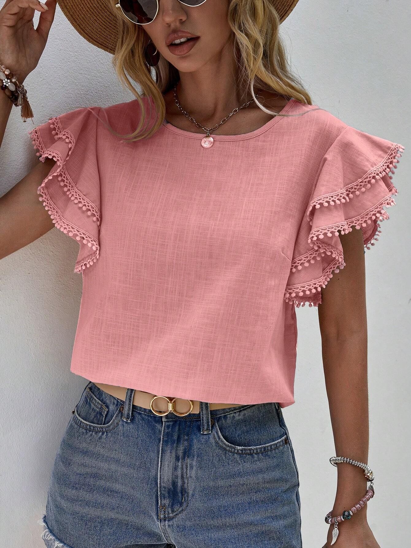238g Weight Short Sleeve Sleeve Length Pullovers Placket Type Flounce Sleeve Sleeve Type Polyester Fabric Type Regular Top Length T-shirt Tops Type Holiday, Daily Occasion Round Neck Neckline Loose Fit Type Solid Color Pattern Summer Season Women's Gender Button Design Casual, Elegant Style Wholesale Women's Casual Elegant Solid Color Short Sleeve Button Blouses 7