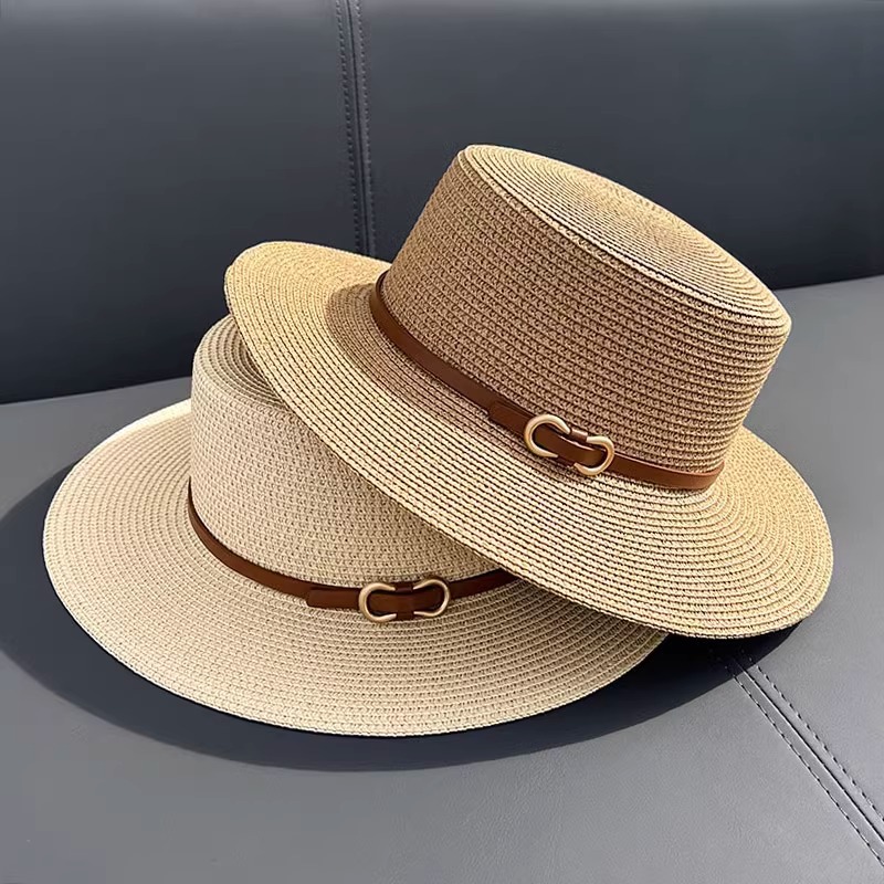 Women's Flat Top Straw Hat Japanese Style Woven Summer Sun Protection Beach Vacation Travel Hat_voghion.com