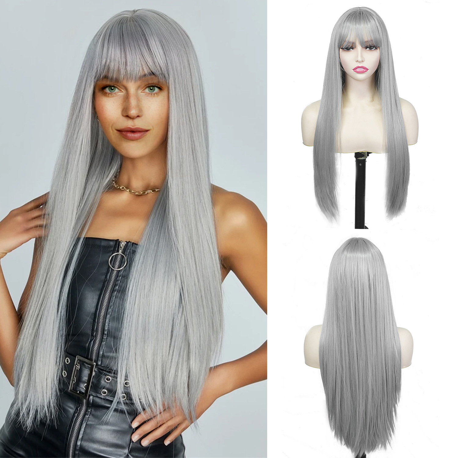 Long Synthetic Hair Wig With Bangs Straight And Wavy Full Coverage_voghion.com