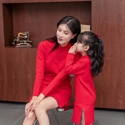 Chinese style Tang suit cashmere sweater children's sweater parent-child sweater red parent-child clothing mother and daughter clothing high-end winter