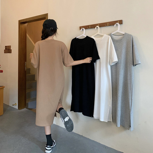 Large size short-sleeved slit dress for women in summer loose solid color mid-length over-knee slit long round neck T-shirt