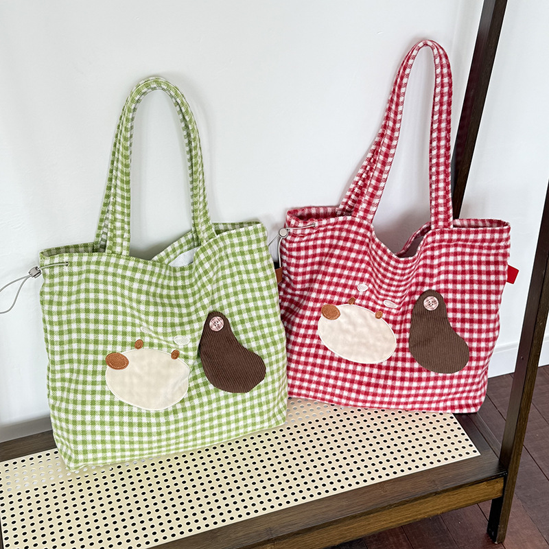 Fashion Cartoon Cute Canvas Bag for Women New Niche Plaid Travel Commuting Handbag Single Shoulder Crossbody Bag for Women