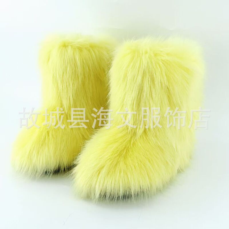 欧美跨境辣妹y2k毛毛靴子女冬季保暖时尚靴中筒靴大码平跟雪地靴|undefined