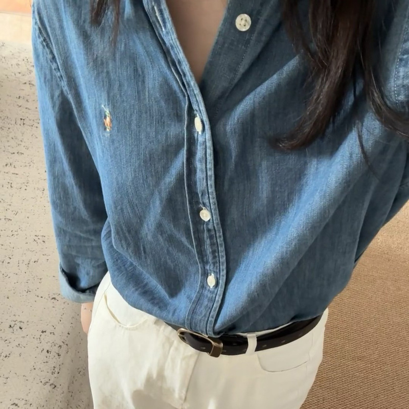 Rl Raff Female Cowboy Shirt Classic War Horse Logo Pony Embroidery Lapel Long Sleeve Cowboy Shirt Casual Loose