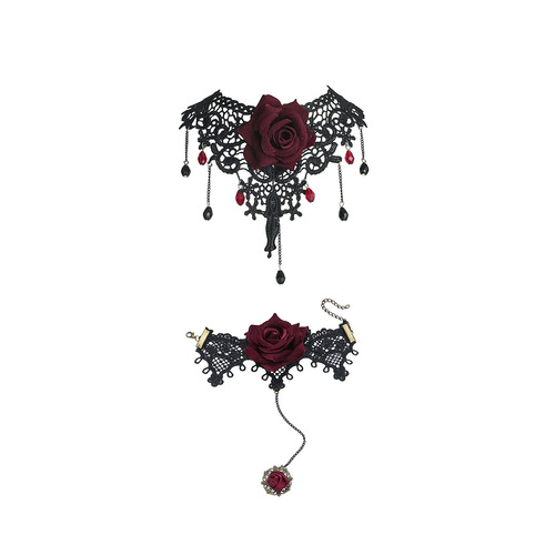 Eurasian Cross-border Retro Black Lace Rose Necklace Bracelet Ring Set for Women Dark Style Choker Jewelry