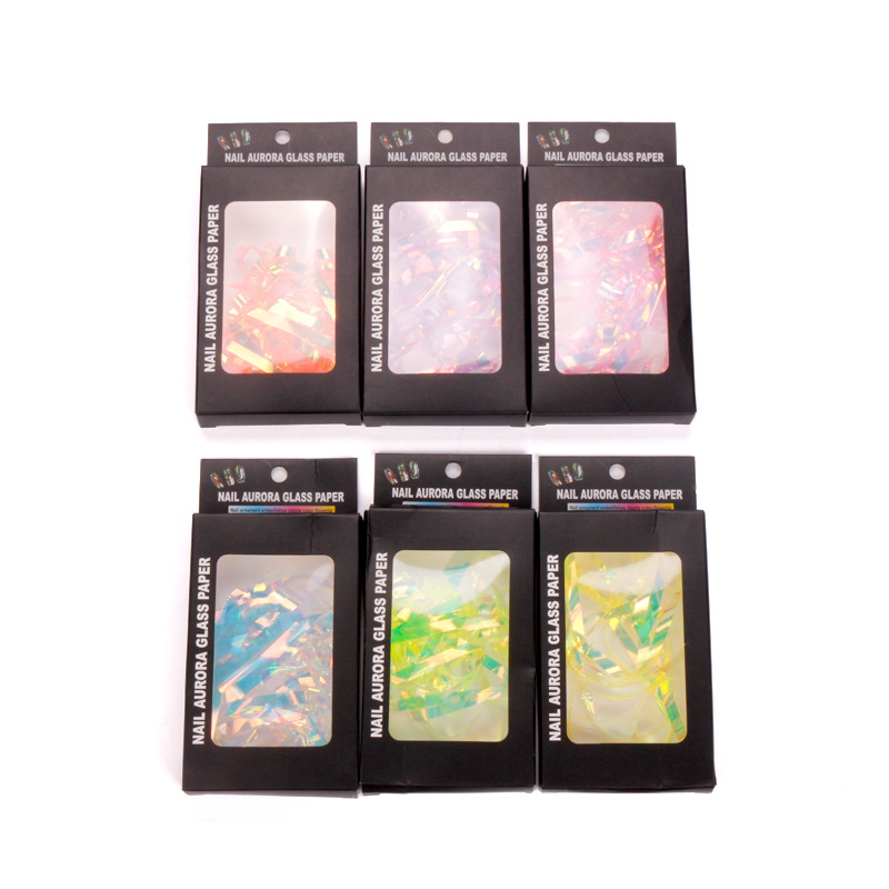 Celebridad de Internet nueva uña Aurora Ice Cube celofán decoraciones de uñas en Caja Láser Color mágico lentejuelas pegatinas de vidrio