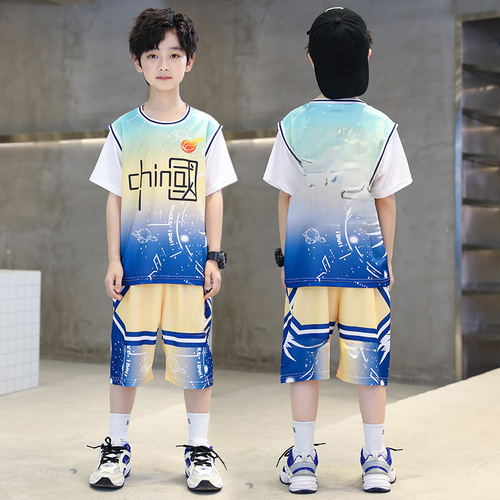 Children's Summer Short Sleeve Basketball Uniform Set for Older Boys, Primary School Students, Training and Competition Team Uniform, Sports Set Basketball Uniform