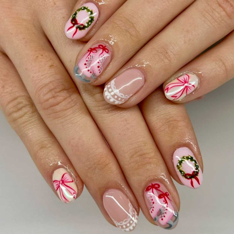 Cross-border Christmas nail art, wearable nails, plaid Christmas bow, ballet shoe short style, lace edge French false nails