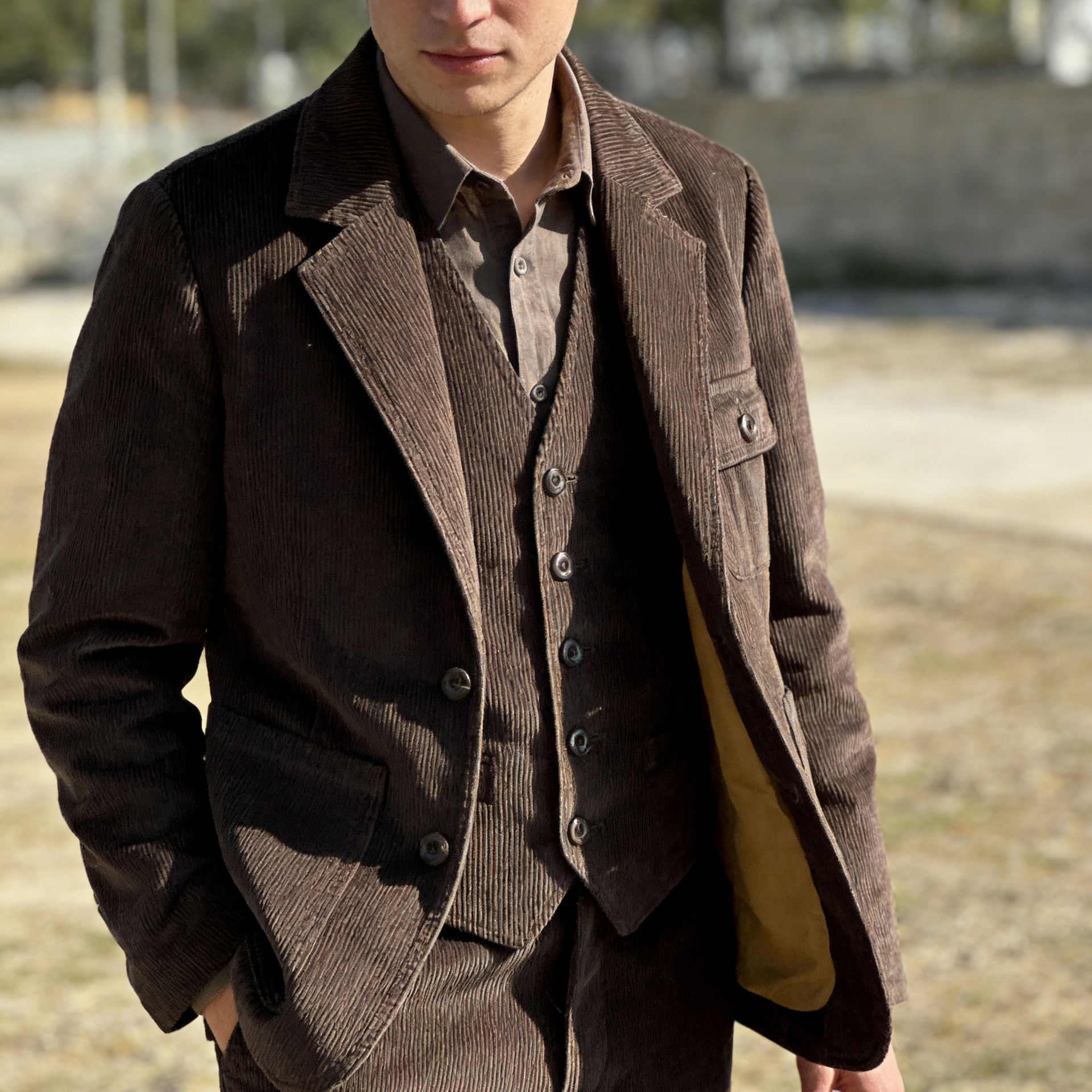 OKONKWO Vintage Thick Corduroy Casual Suit Work Clothes Solid Color Casual Xidan Jacket