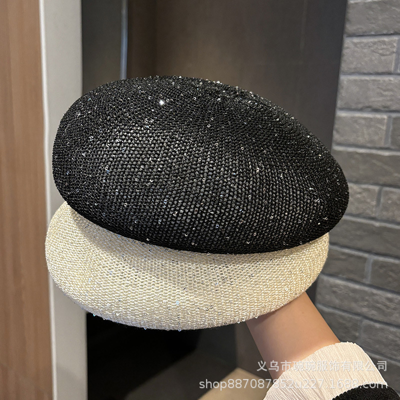 New Style Hollow Beret for Women, Summer Thin Breathable Sequin Beret, Korean Version Versatile Face-Slimming Painter Hat