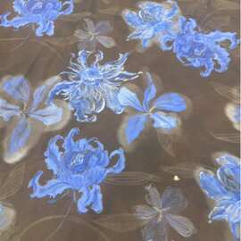 仿竹节麻提花布料 藏蓝花花新中式国风汉服旗袍连衣裙面料手工diy