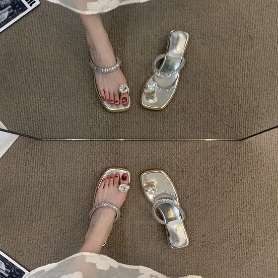 French style square head rhinestone toe sandals for women to wear high-end sense 2024 new summer elegant silver sandals