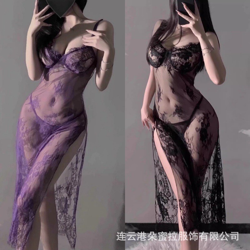 Domila Lingerie Sexy Bed Teasing Purple Sling Pajamas Small Chest Foreign Trade Lace Split Long Dress