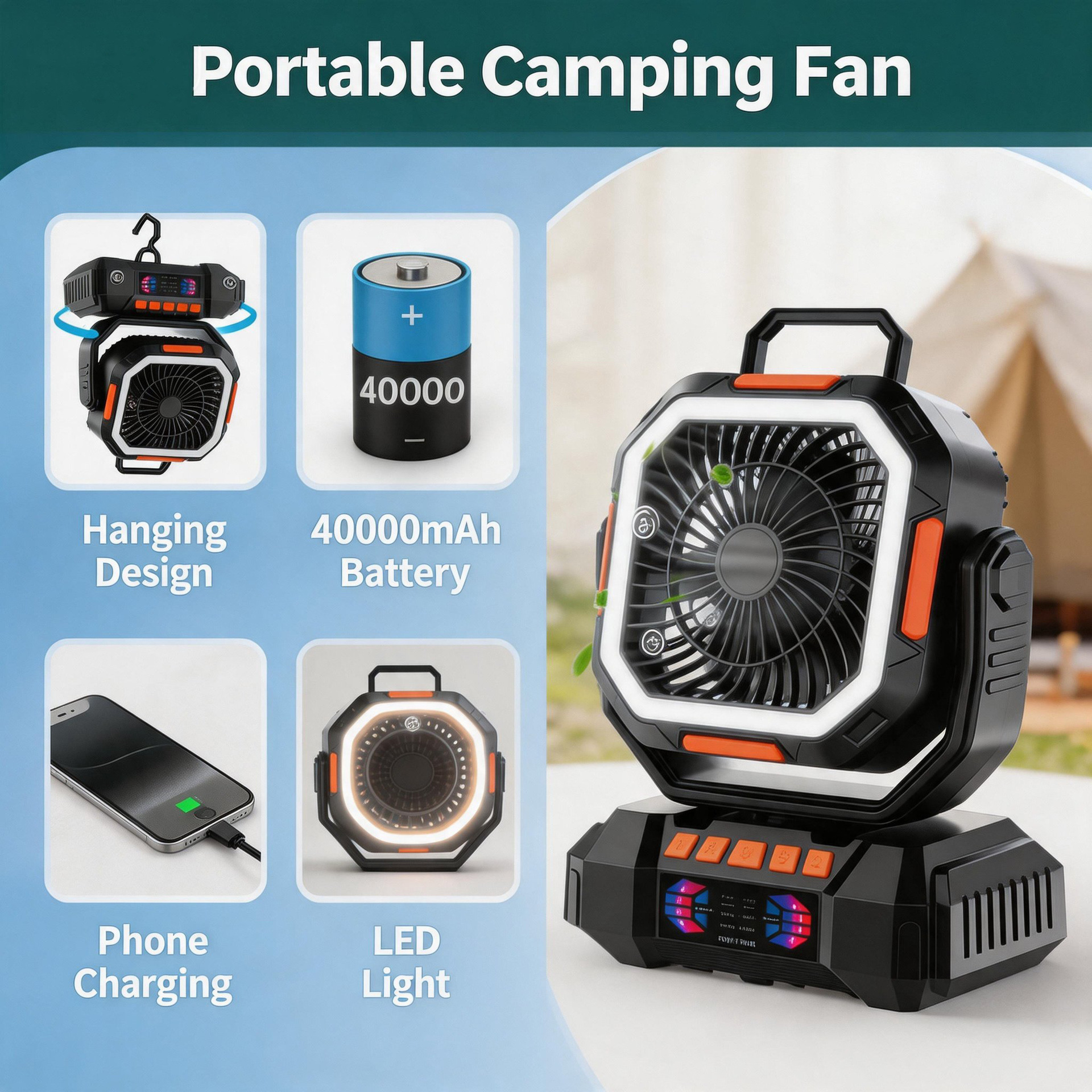 Ventilador Portátil para Camping con Luz de Plástico PC Luz Nocturna, Función Power Bank, Recargable para Camping