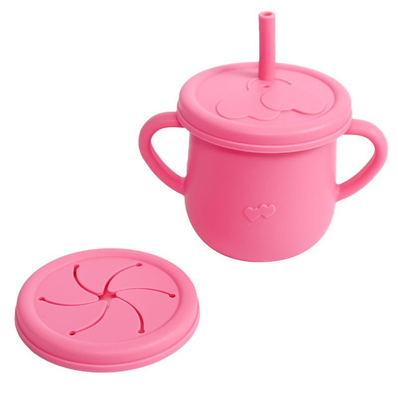 Vaso de aprendizaje para bebés con doble asa, vajilla para niños, vaso con pajita de silicona, vaso para refrigerios, vaso para agua con escala, vaso con doble tapa