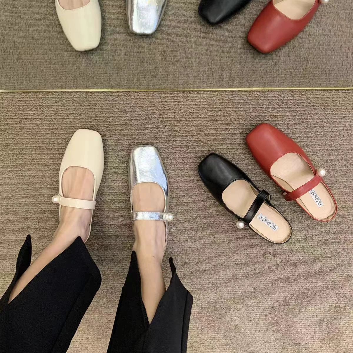 Pearl Baotou Half slippers Women wearing fairy wind 2024 Summer Mueller shoes flat bottom Maryzhen Baotou slippers women