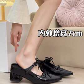 羊皮版~蝴蝶结7cm内增高包头凉拖鞋女一字带尖头玛丽珍鞋配裙