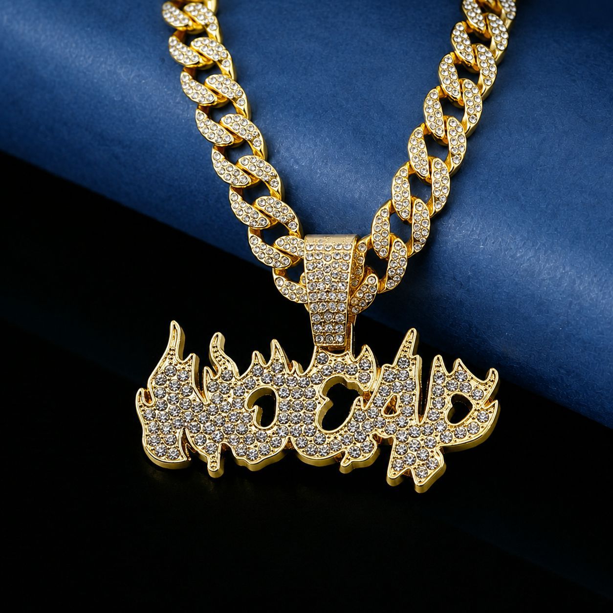 Personalidad de la llama llena de diamantes letras caliente tendencia exagerada hombre Hip Hop personalidad de la cadena de hip hop cubano