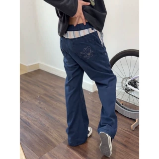 法工蓝鸢尾花刺绣工装裤男款美式复古宽松伐木裤子纯棉直筒休闲裤
