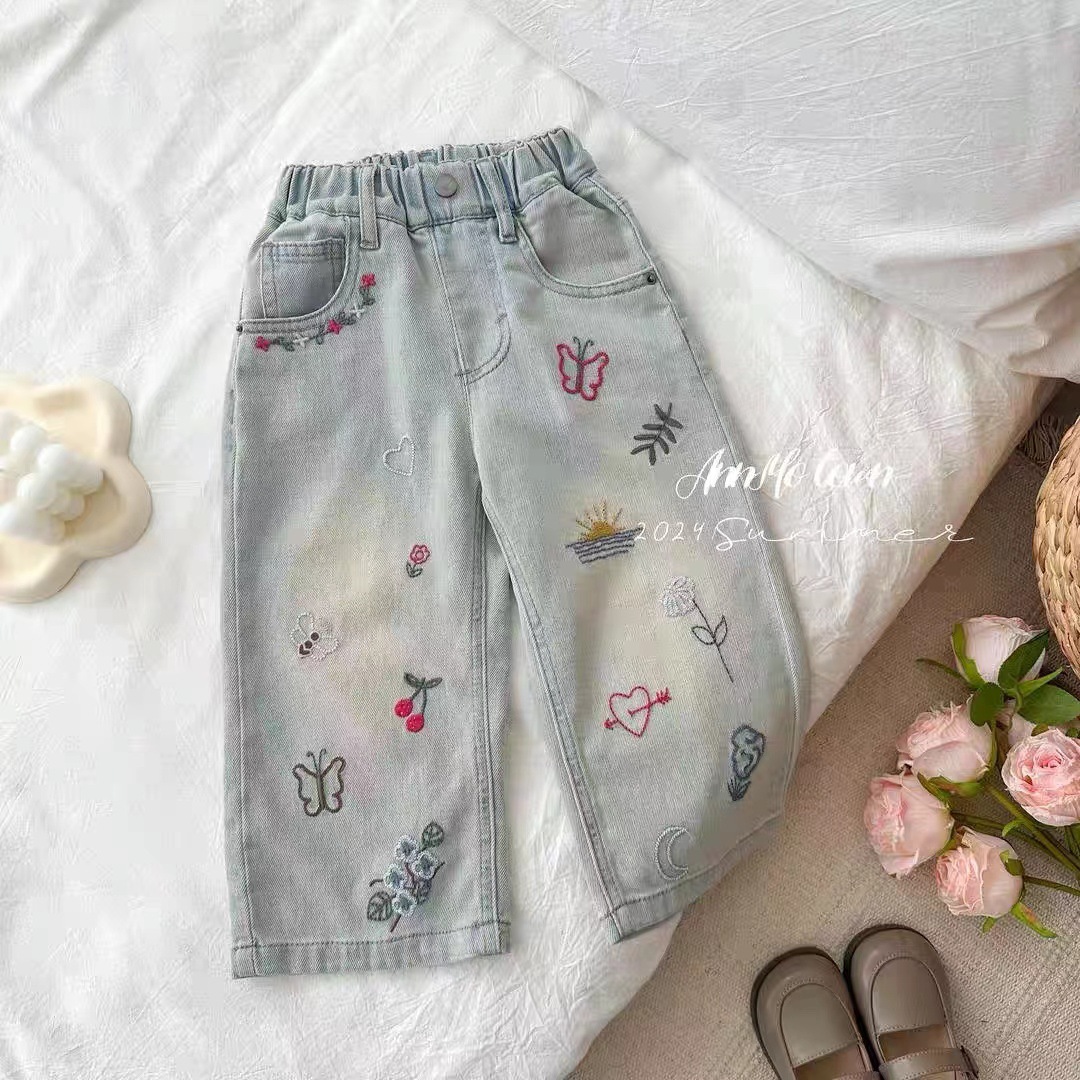 Duoya Girl Spring and Summer Graffiti Jeans Korean Style Baby Girl Fashion Embroidered Loose Straight Casual Pants Little Girl
