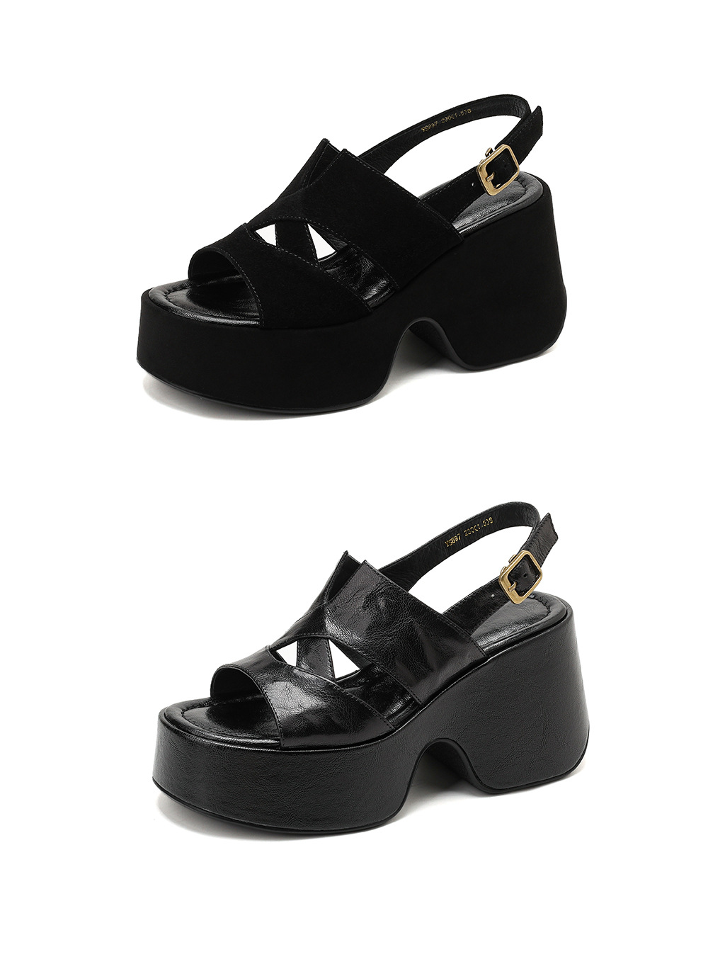 Sandal cao gót nữ đế platform da lộn quai ngang gót 9 cm — Da cừu đen lật, Da cừu đen chi tiết 21