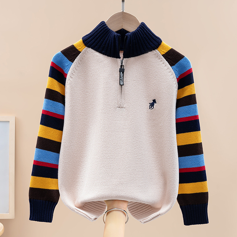 Boys' Autumn and Winter Sweater with Stand Collar and Half-Zip, Casual Knitwear, Pure Cotton Sweater, Striped Base Layer for Older Children