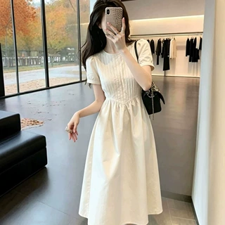 法式压褶短袖连衣裙女2026夏季新款洋气高腰显瘦收腰气质中长裙潮
