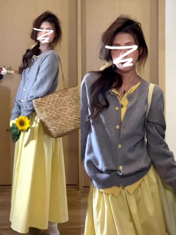法式灰色假两件针织衫女开衫2025秋季新款毛衣外套高级感秋冬上衣|undefined