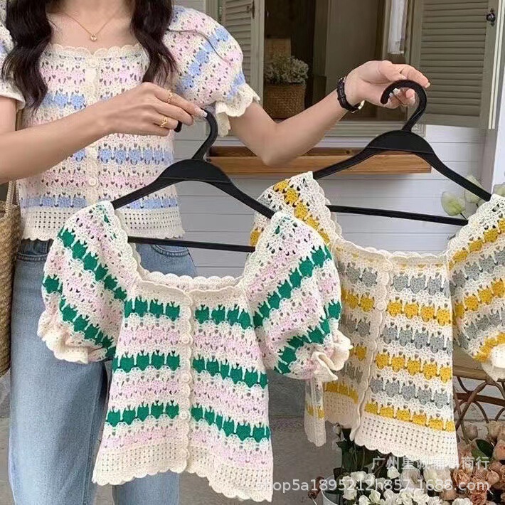 Korean style embroidered square collar slim-fit striped knitted shirt sweet versatile short off-shoulder puff sleeve women's fashionable top