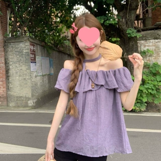 一字肩荷叶边飘带短袖衬衫女夏季宽松紫色衬衣温柔风休闲上衣无袖