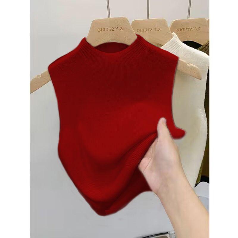 韓国の半高襟のレトロな袖なしのtシャツの上着の夏のメリヤスのベストの女性のスーツの職業の中でカバーをかけます。|undefined