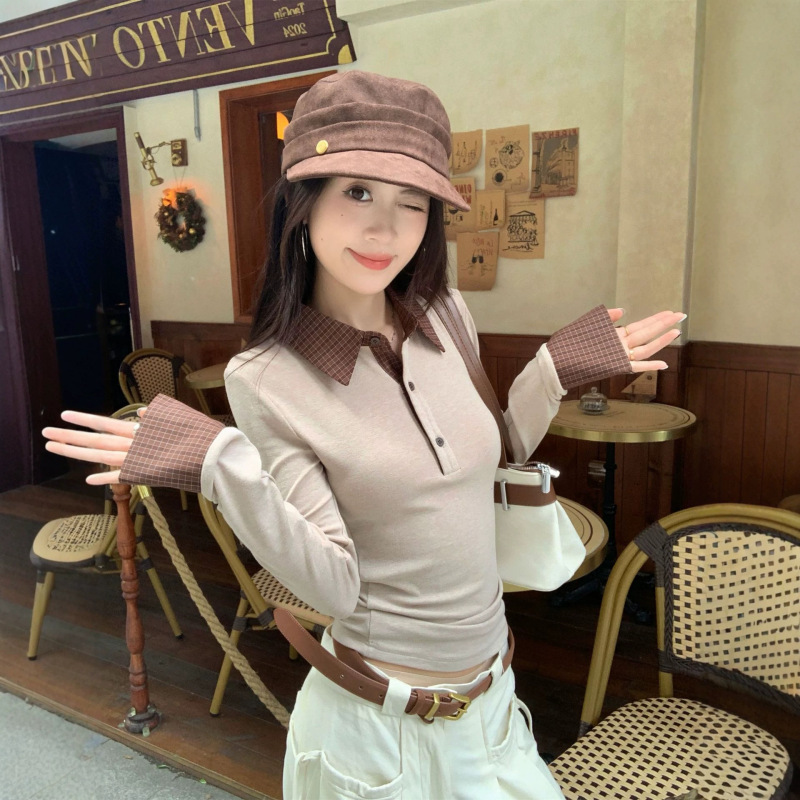Korean-style gentle milk tea color two-piece look inner layering shirt for women, autumn slimming polo collar long-sleeve T-shirt top, ins style Korean-style gentle milk tea color two-piece look inner layering shirt for women, autumn slimming polo collar long-sleeve T-shirt top, ins style