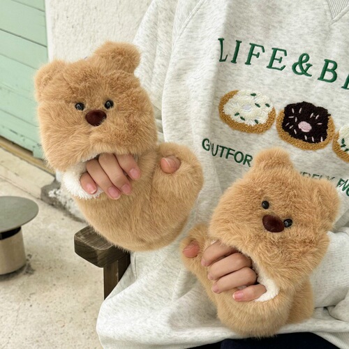 Cute Bear Fleece Half-Finger Foldable Gloves for Women - Winter Student Writing, Cycling, Windproof, Coldproof, Warm and Cozy Cotton Gloves
