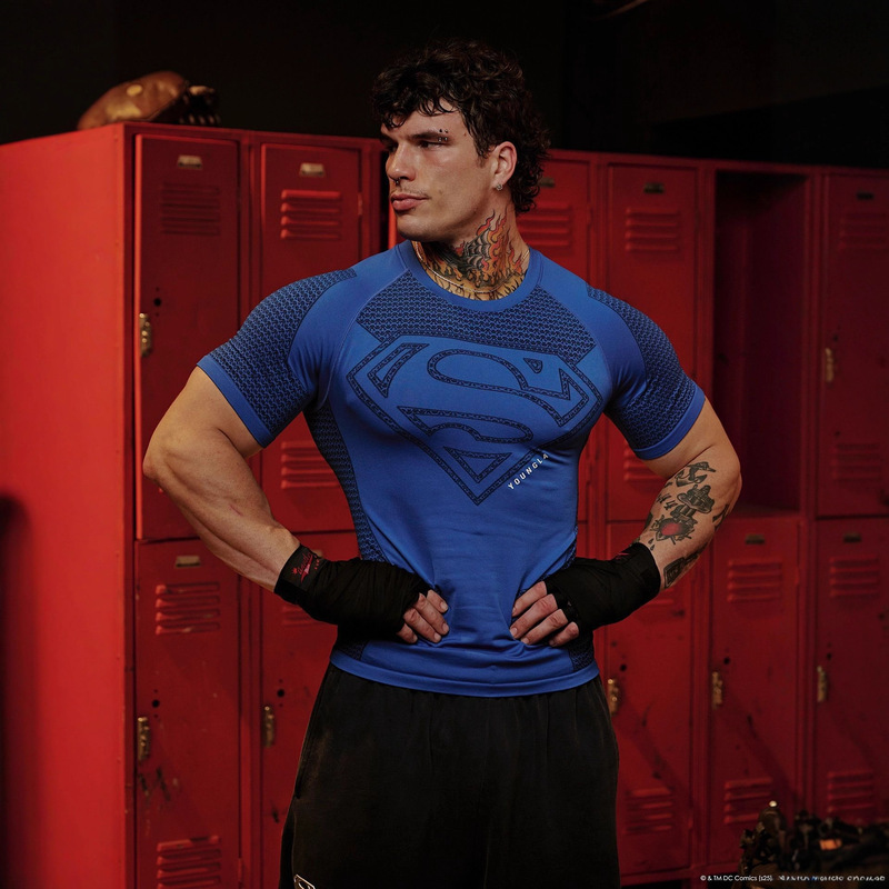 Youngla Co-Branded Superman American New Men's T-Shirt Muscle Sports Fitness Breathable Bodysuit Top