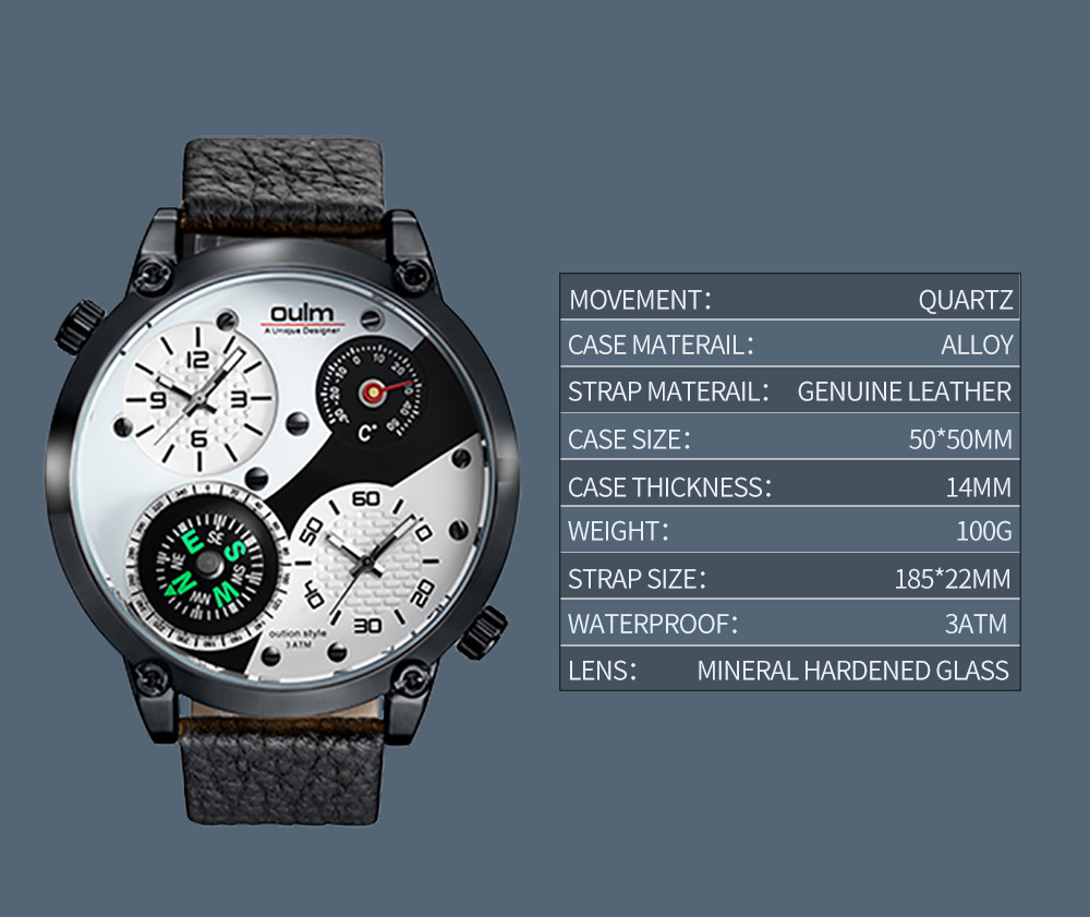 Men's Large Dual-time Watch With Genuine Leather And Compass_voghion.com