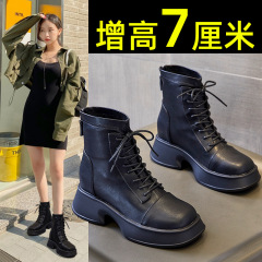2022 New Fashion Boots Ins Zipper Genuine Leather Slim Boots Elastic Women's Shoes Heel Increase Martin Boots Short Boots Square Head 