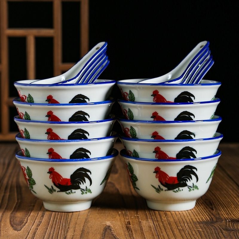 Nostalgic Old-Fashioned Retro Blue and White Porcelain Rooster Bowl Ceramic Eating Bowl Tall Tableware Set
