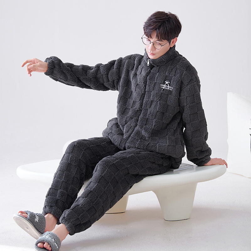 Pijamas de franela los hombres del otoño y el invierno collar soporte caliente juventud coral fleece homewear traje se puede usar fuera