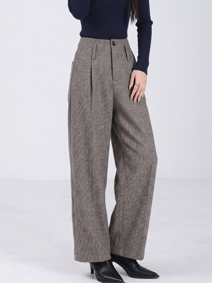 Quần tây nữ ống rộng cạp cao chất liệu len pha polyester, màu trơn, dáng rủ tôn dáng, giữ ấm — Màu ảnh