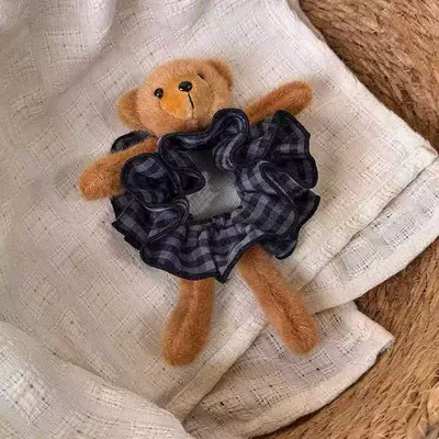 Saç üçün rezinlər Scrunchie, Super Cute Hair Tie - plaid-teddy-hair-tie-black