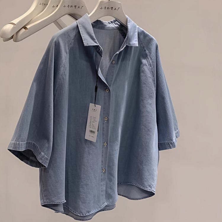 Spring and Summer Retro Plus-Size Casual Polo Short-Sleeve Tencel Denim Shirt for Plus-Size Women, Loose Fit, Slimming, Niche Top Spring and Summer Retro Plus-Size Casual Polo Short-Sleeve Tencel Denim Shirt for Plus-Size Women, Loose Fit, Slimming, Niche Top