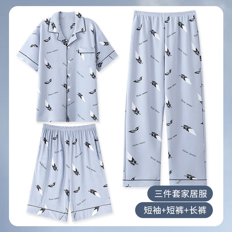 Pijamas de tres piezas para hombre verano 100% algodón pantalones de manga corta traje Delgado verano dibujos animados más tamaño homewear